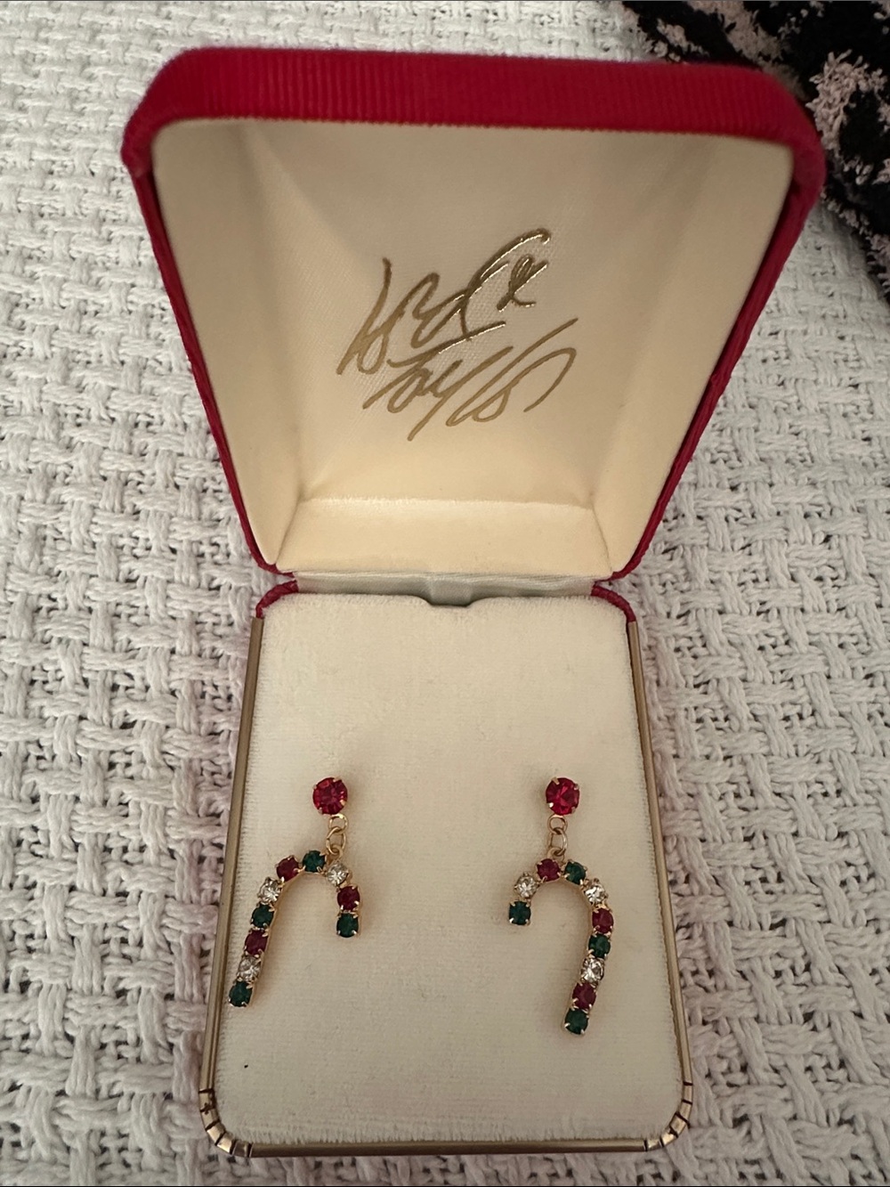New Lord & Taylor Gold-Tone Red & Green Crystal Candy Cane Drop Earrings